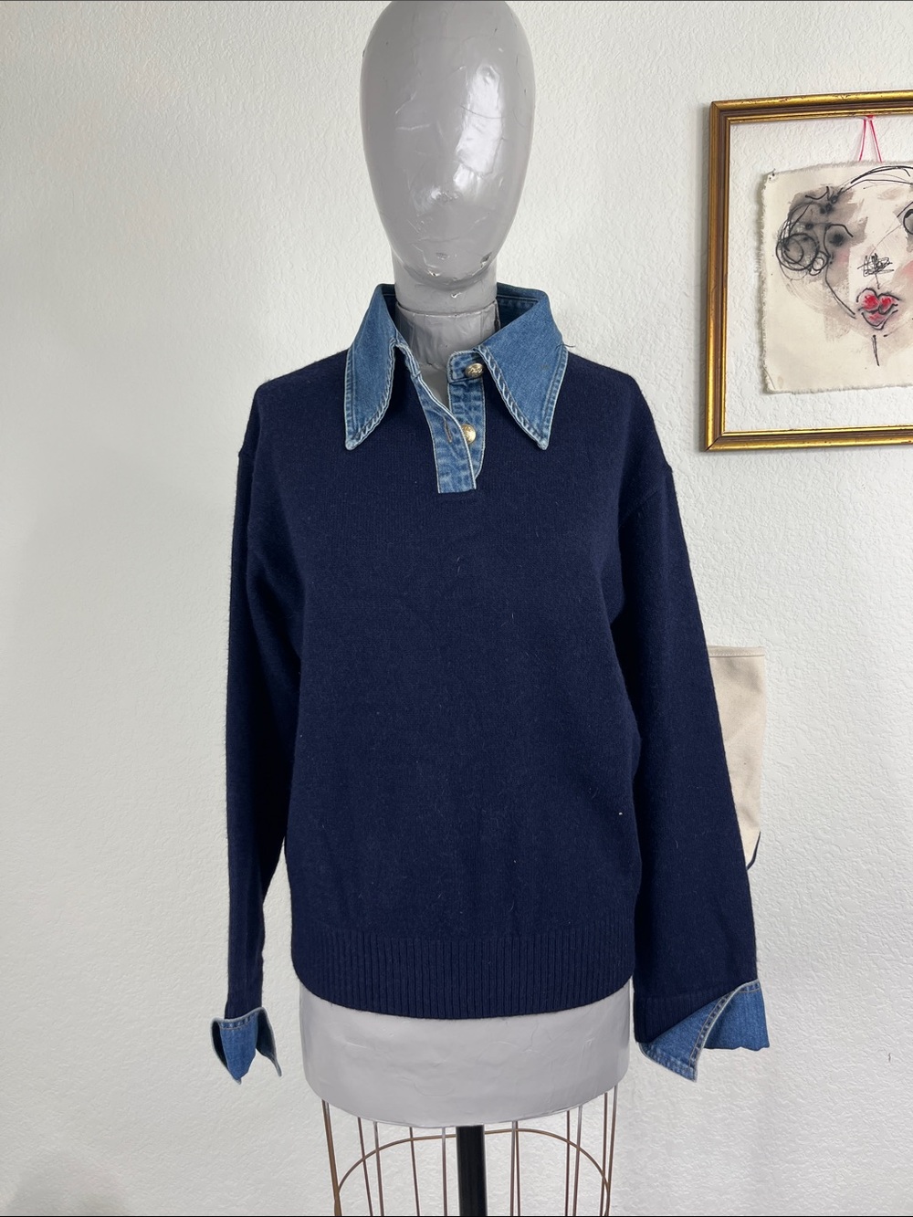 Commense 2 in 1 Panel Lapel Relaxed Sweater Denim Knit Jean Collar